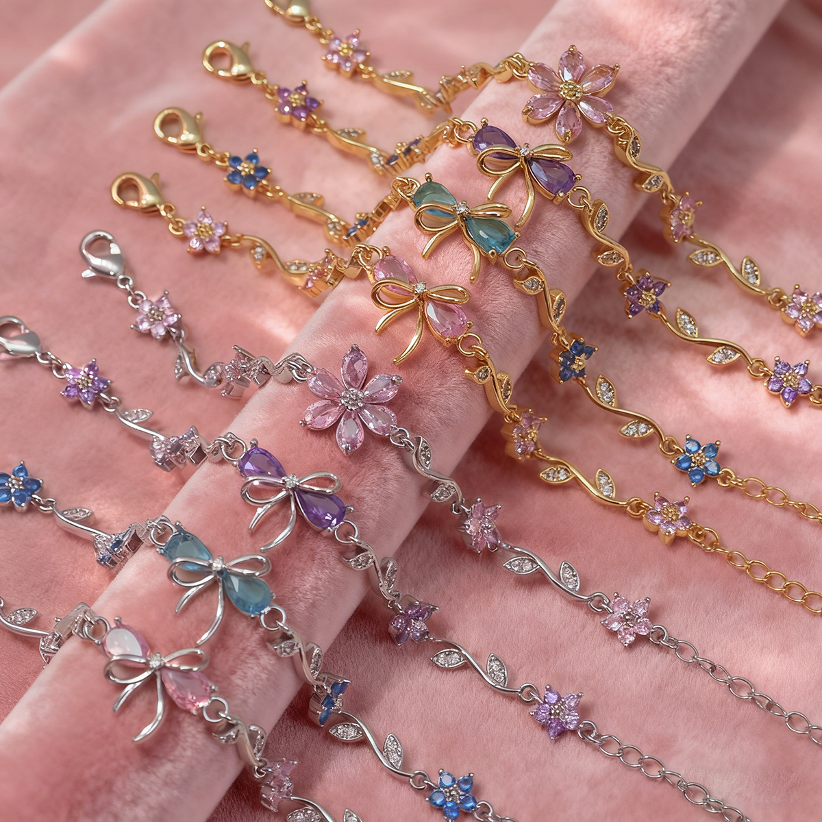 Set of 8 Sparkling Zircon Flower & Bow Bracelet