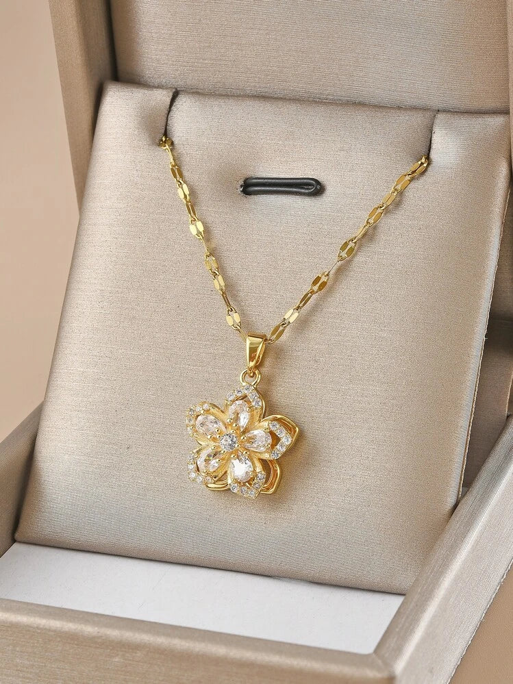 1pc Stainless Steel 5-Petal Rotating Flower Necklace