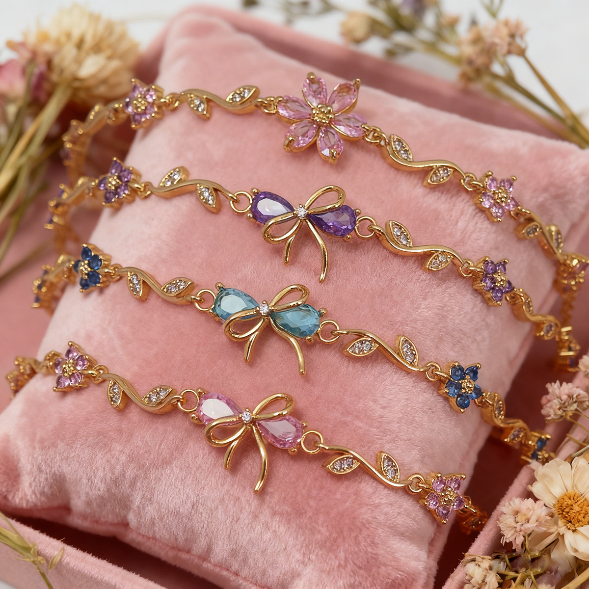 Set of 8 Sparkling Zircon Flower & Bow Bracelet