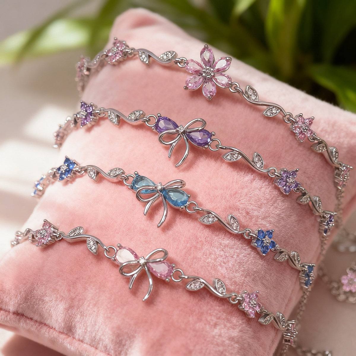 Set of 8 Sparkling Zircon Flower & Bow Bracelet
