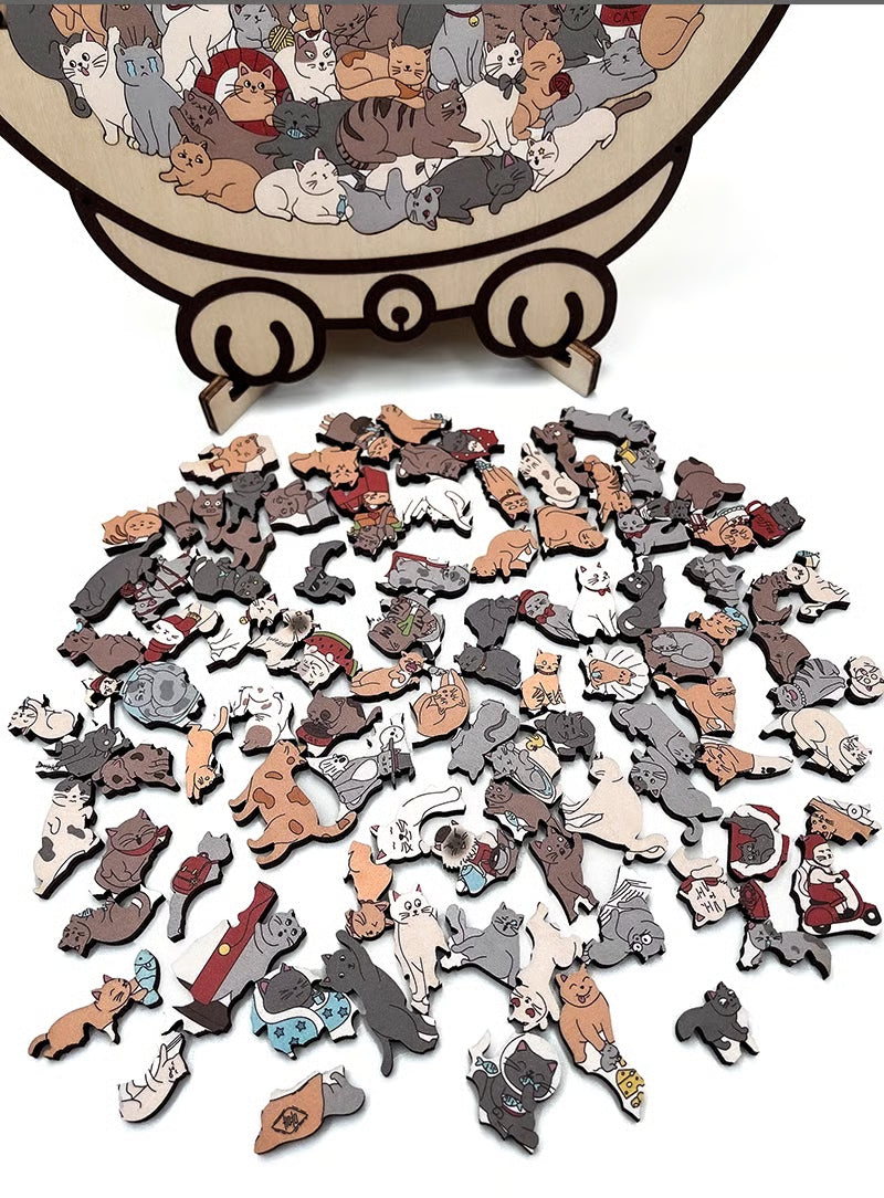 135-Piece Morandi-Colored Cat Shaped Wooden Jigsaw Puzzle