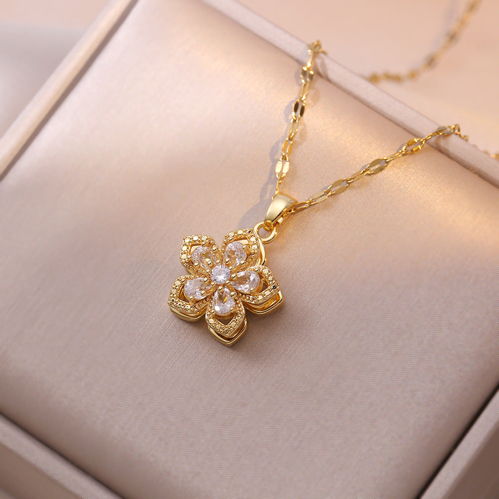 1pc Stainless Steel 5-Petal Rotating Flower Necklace